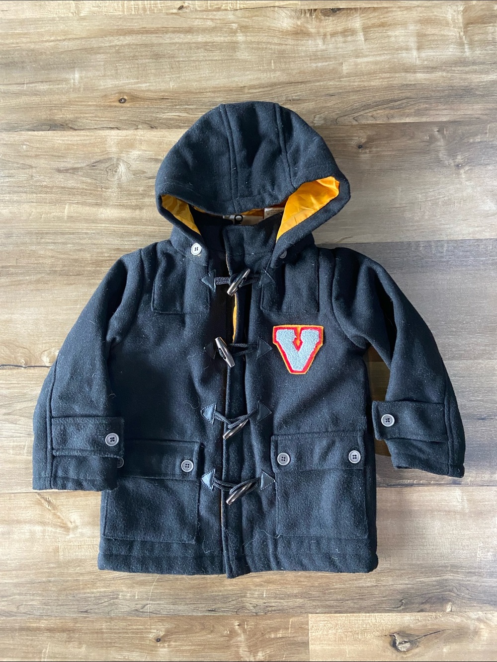 Kids Beluga Black Hooded Toggle Coat with Yellow Lining